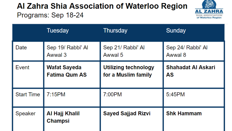 Al Zahra: Weekly Programs Sep 18-24