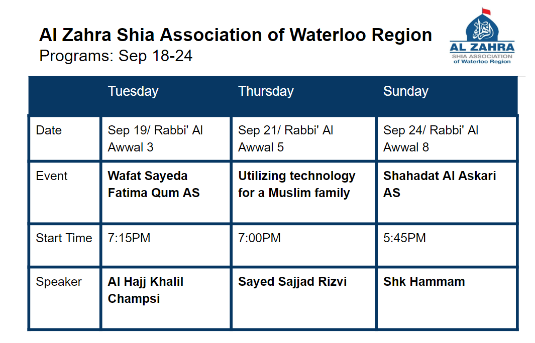 Al Zahra: Weekly Programs Sep 18-24